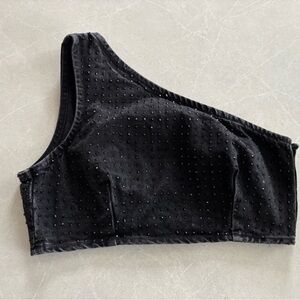 Zara Black One-Shoulder Studded Denim Women's Crop Bustier Top Faded Rockstar